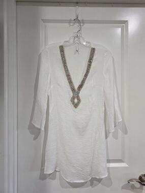 Women's White V-Neck Swim Coverup with Gold & Silver Embellished Trim